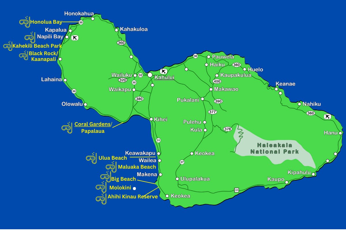 Maui best snorkeling map by Exotic Estates.