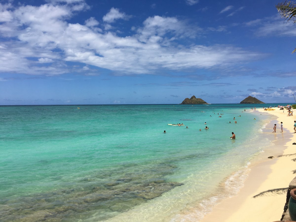 View of Lanikai Beach and Kailua Beach Park on the Windward Side of Oahu.