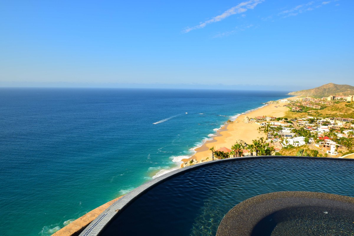 View of the Pacific Ocean side of Cabo San Lucas from a luxury vacation villa.