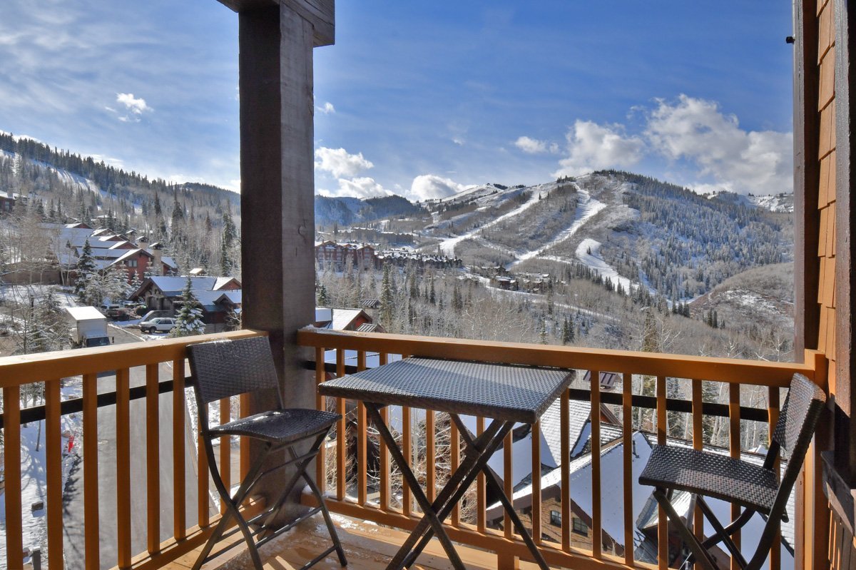 View of Park City mountain from balcony of ski-in ski-out Silver Strike 605