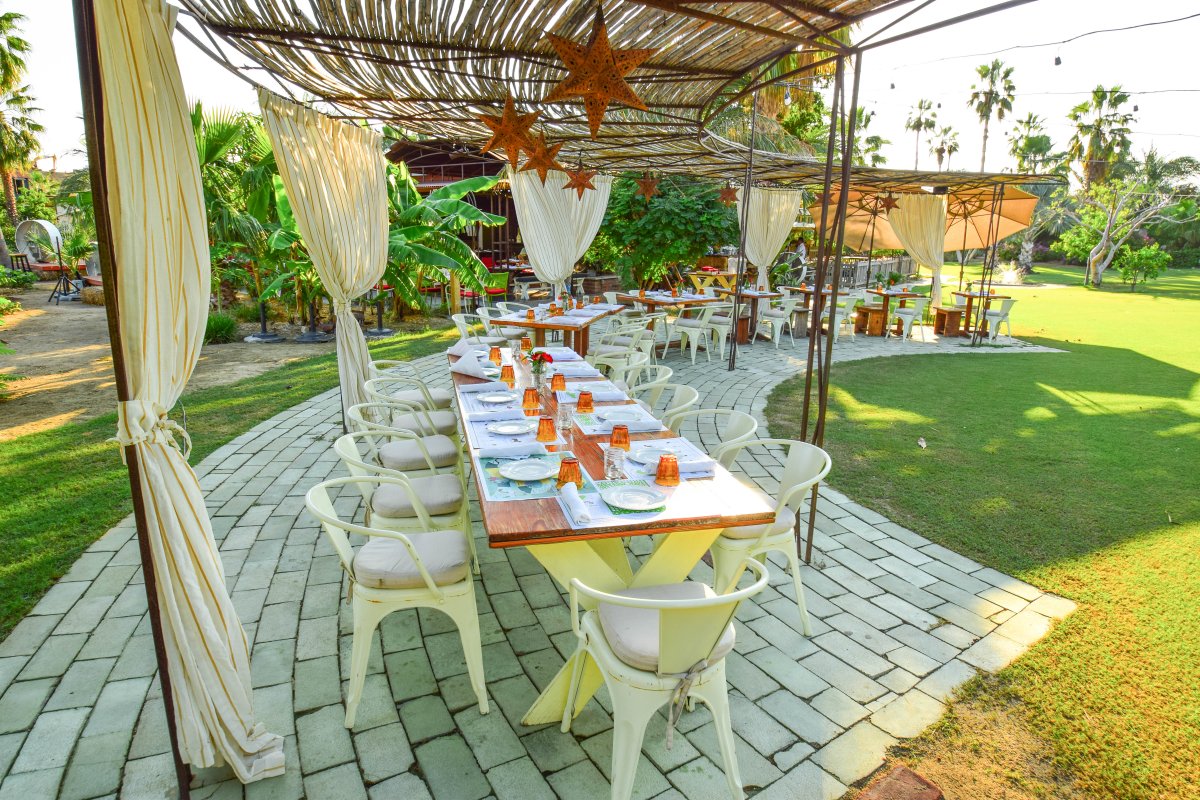 Long dining table at Flora Farms, Farm to Table, Organic dining in  San Jose Del Cabo