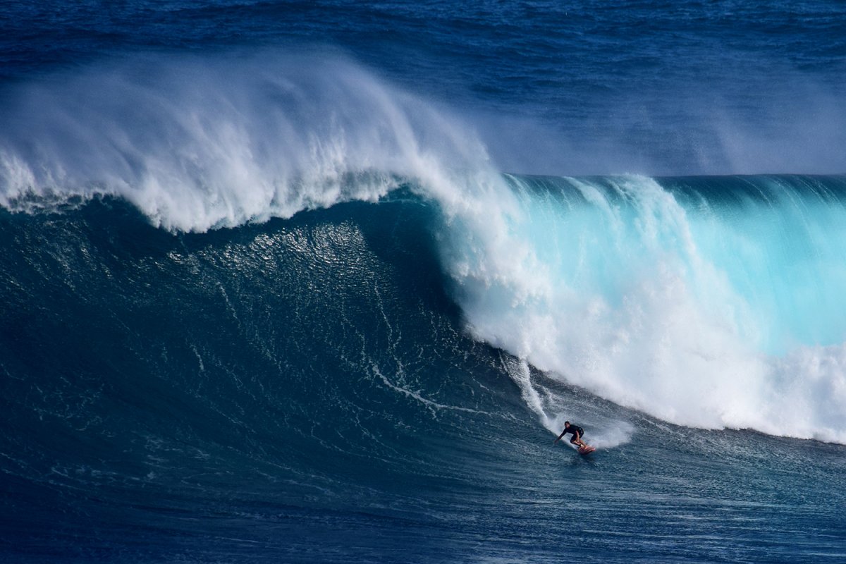 View of surfer on Jaws or Peahi on the North Shore of Maui