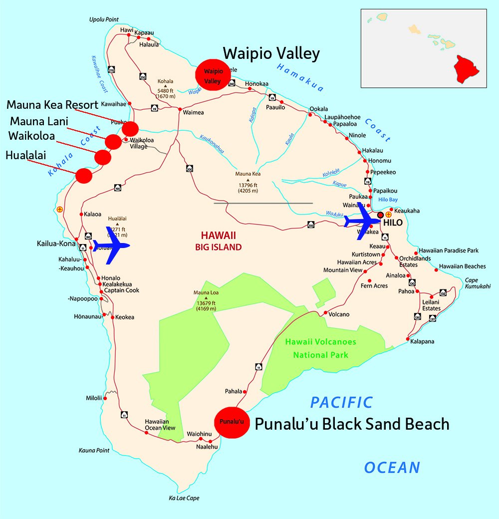 Big Island of Hawaii Map with Resorts and Airports