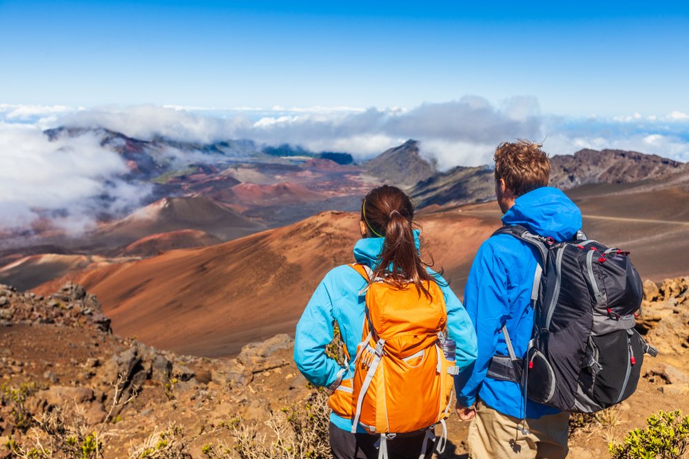 Hikers on Haleakala Crater in Maui, Hawaii.