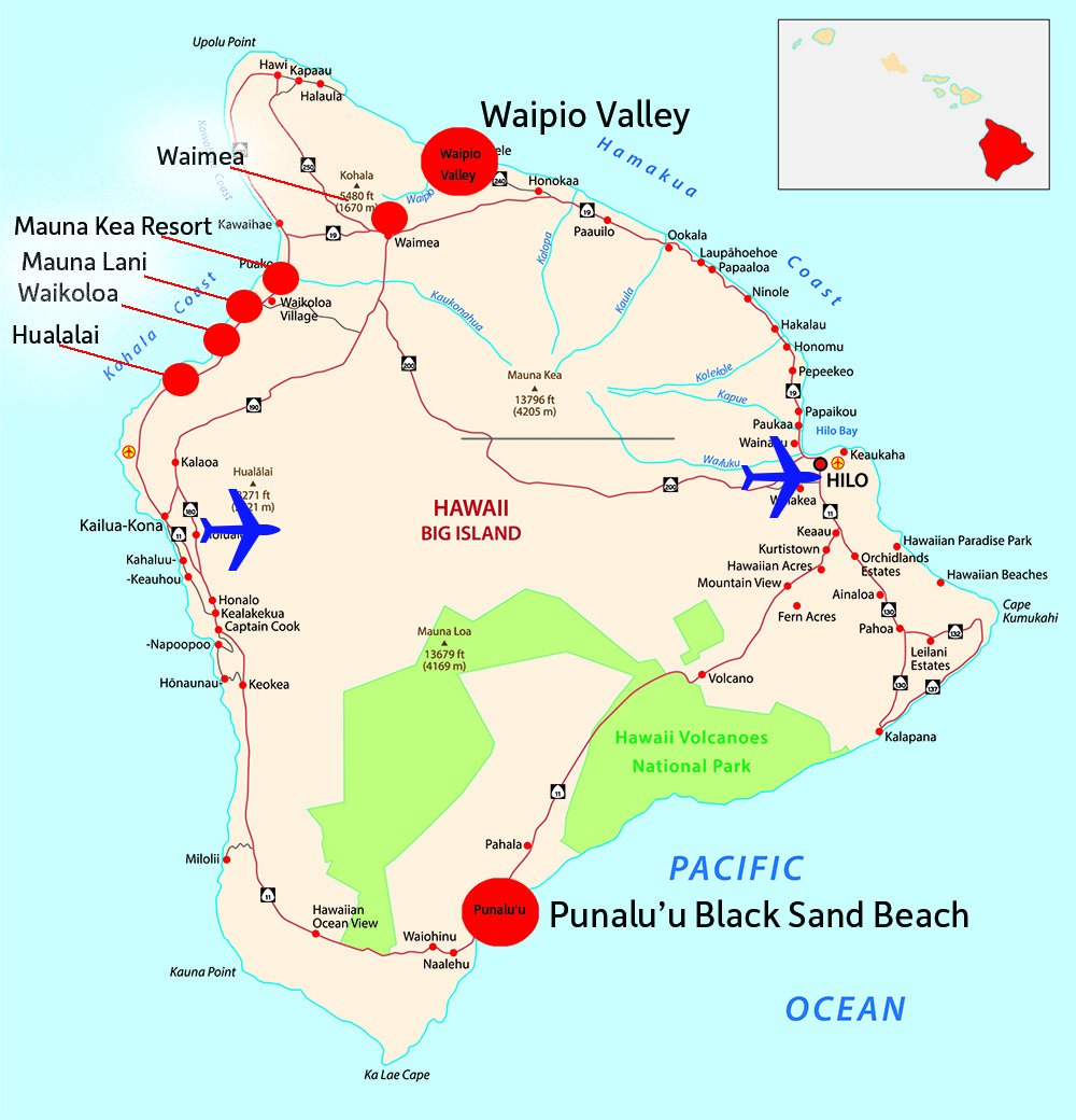 Big Island of Hawaii Map with Resorts and Waimea