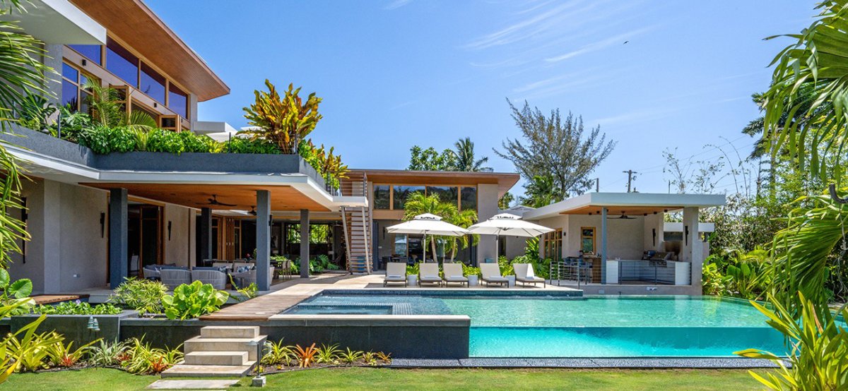 Pool and tropical landscaping at Reverie villa located in beautiful Ocho Rios, Jamaica.