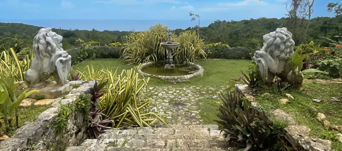 The view looking from the Prospect Great House in Ocho Rios and its fountain