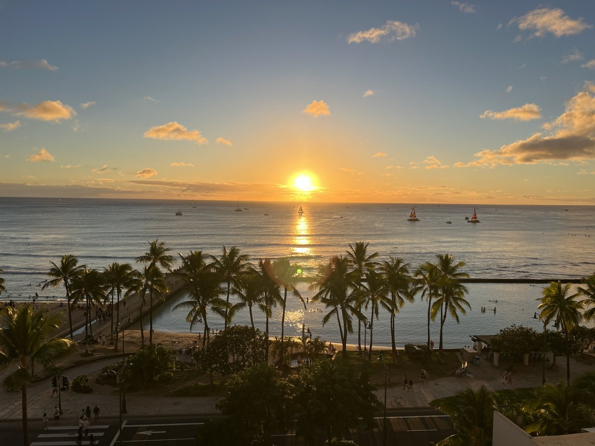 Waikiki sunset with catamaran 