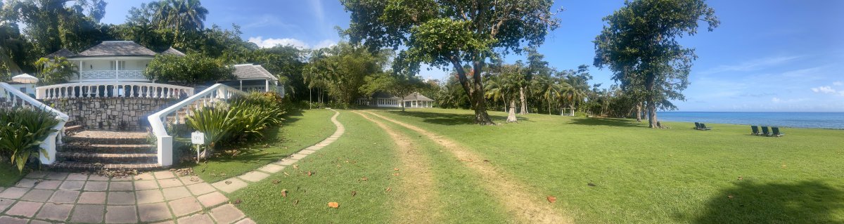 Oceanfront lawn at the Round Hill Resort in Jamaica.