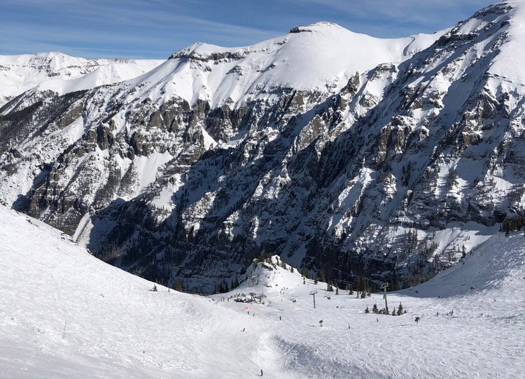 View of snowy bowl skiing in Telluride, Colorado 