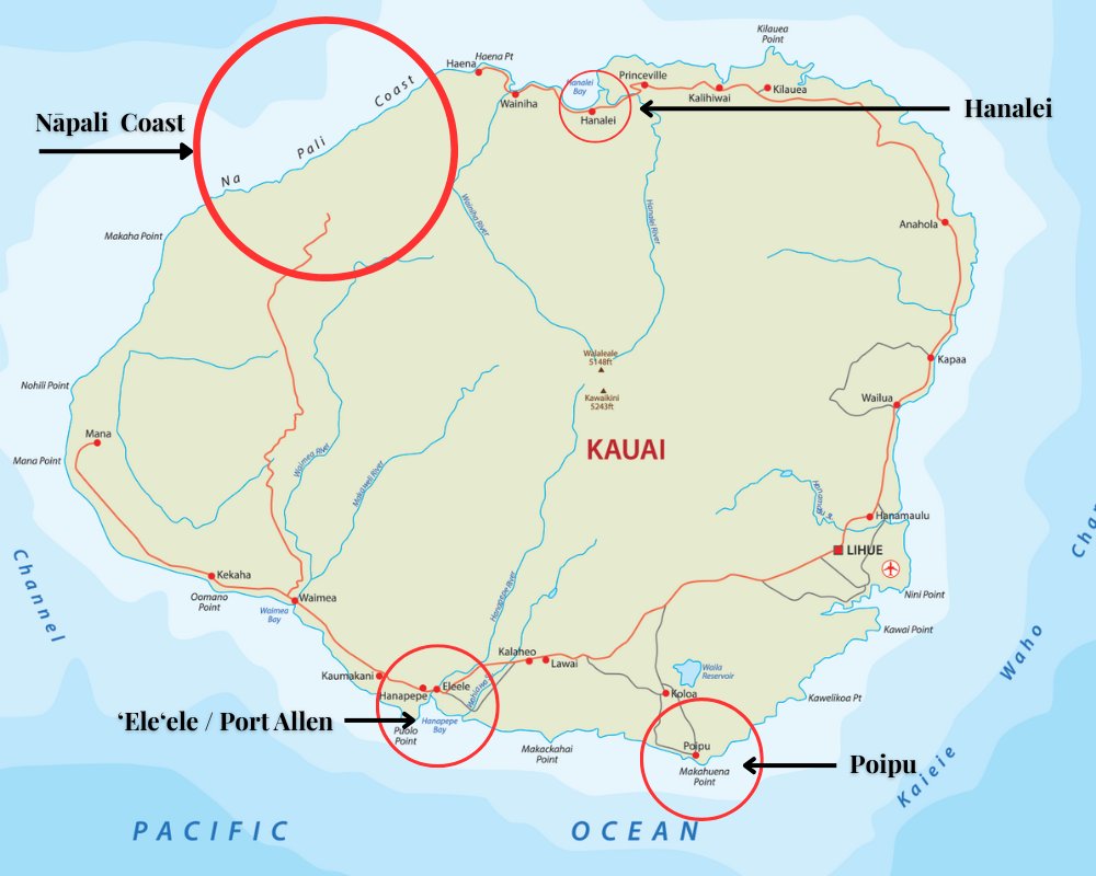 Map of Kauai and Port Allen, Napali Coast Departure Point
