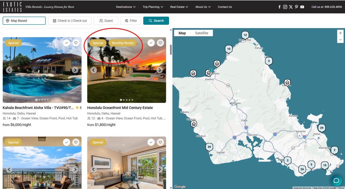 Exotic Estates Oahu Vacation Rentals Map View
