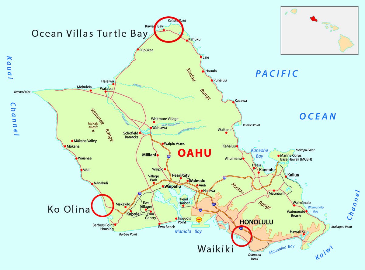 Map of Oahu showing resort areas Waikiki, Ko Olina and Turtle Bay North Shore