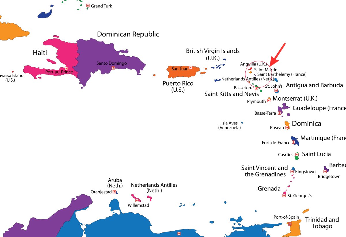 Map Caribbean with St. Martin and St. Barts highlighte