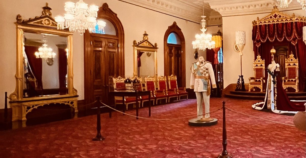 View of throne room in Iolani Palace in Honolulu on the Hawaiian Island of Oahu.