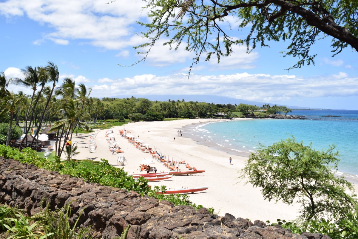 View of Mauna Kea Resort beach on the Kohala Coast Big Island of Hawaii
