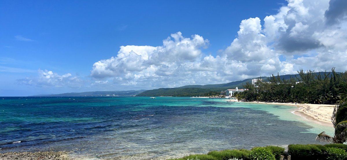 View of blue Caribbean waters and beach in Ocho Rios Jamaica 