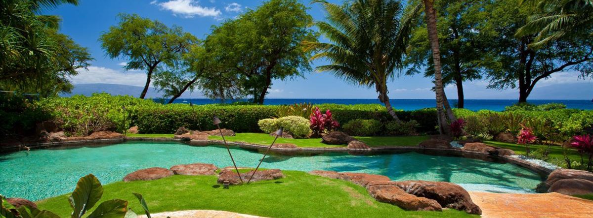 View of pool and Kaanapali Beach from Kaanapali vacation villa