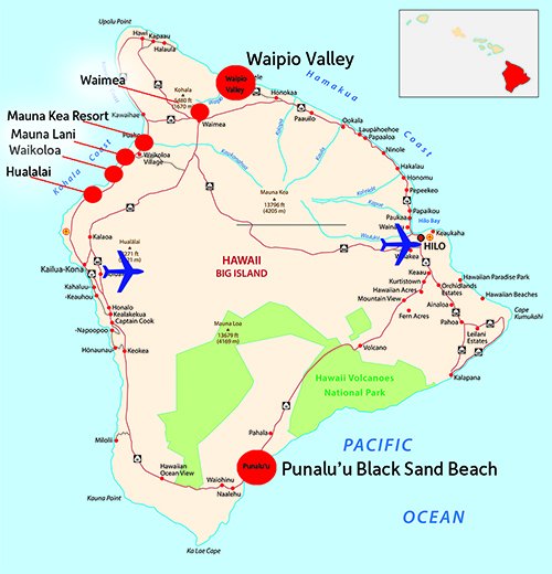 Map of Big Island showing location of Hualalai Resort