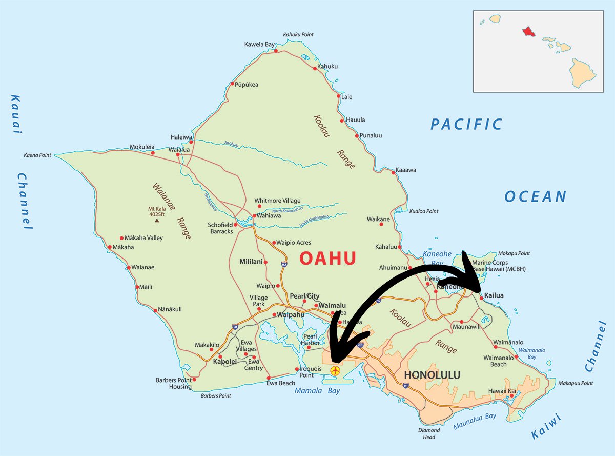 Map of Oahu showing distance between HNL airport and Kailua
