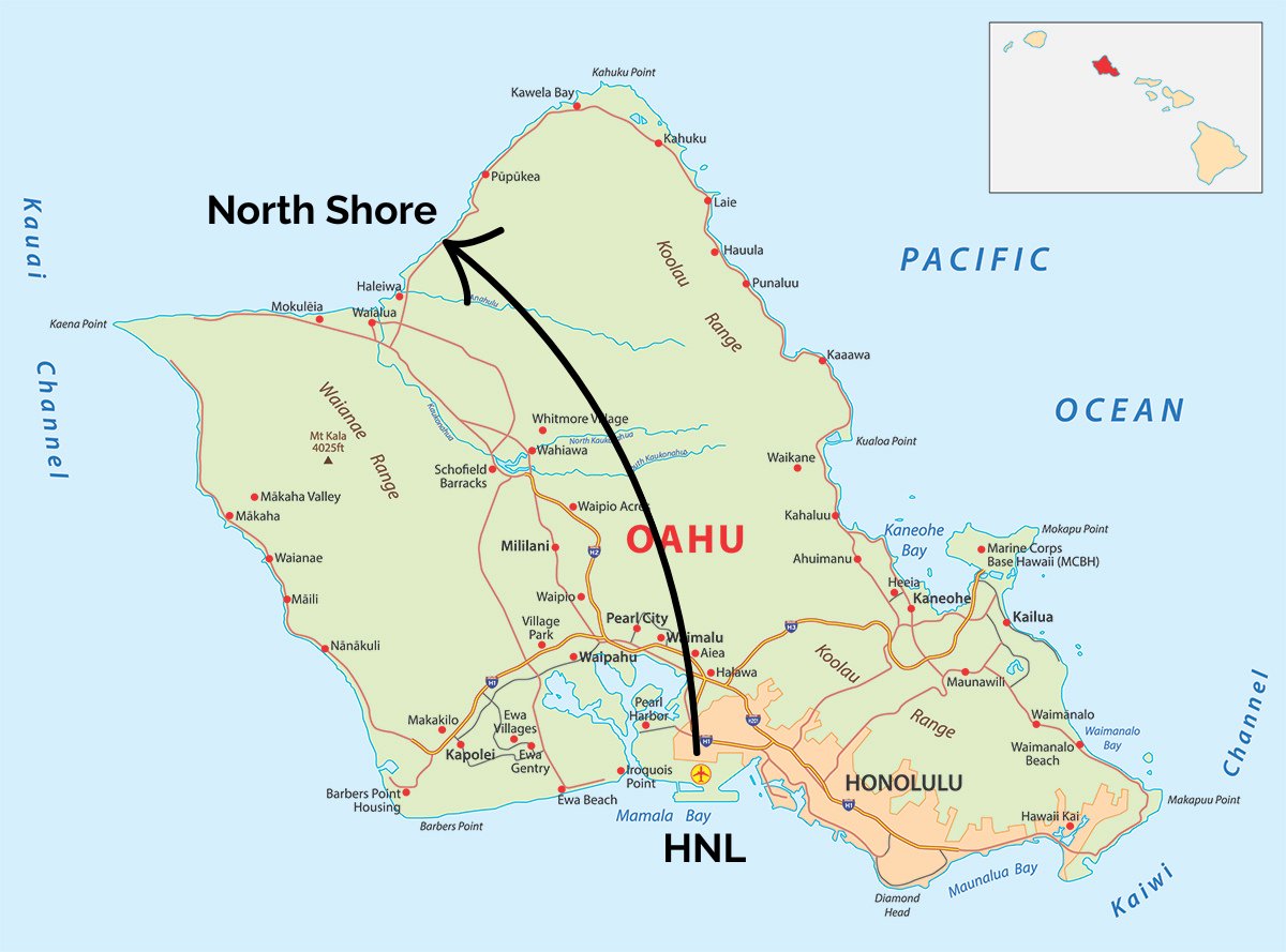 Distance between Honolulu International Airport (HNL) and the North Shore of Oahu