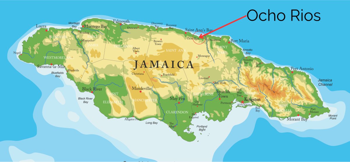 Map of Jamaica showing the location of Ocho Rios on the north shore