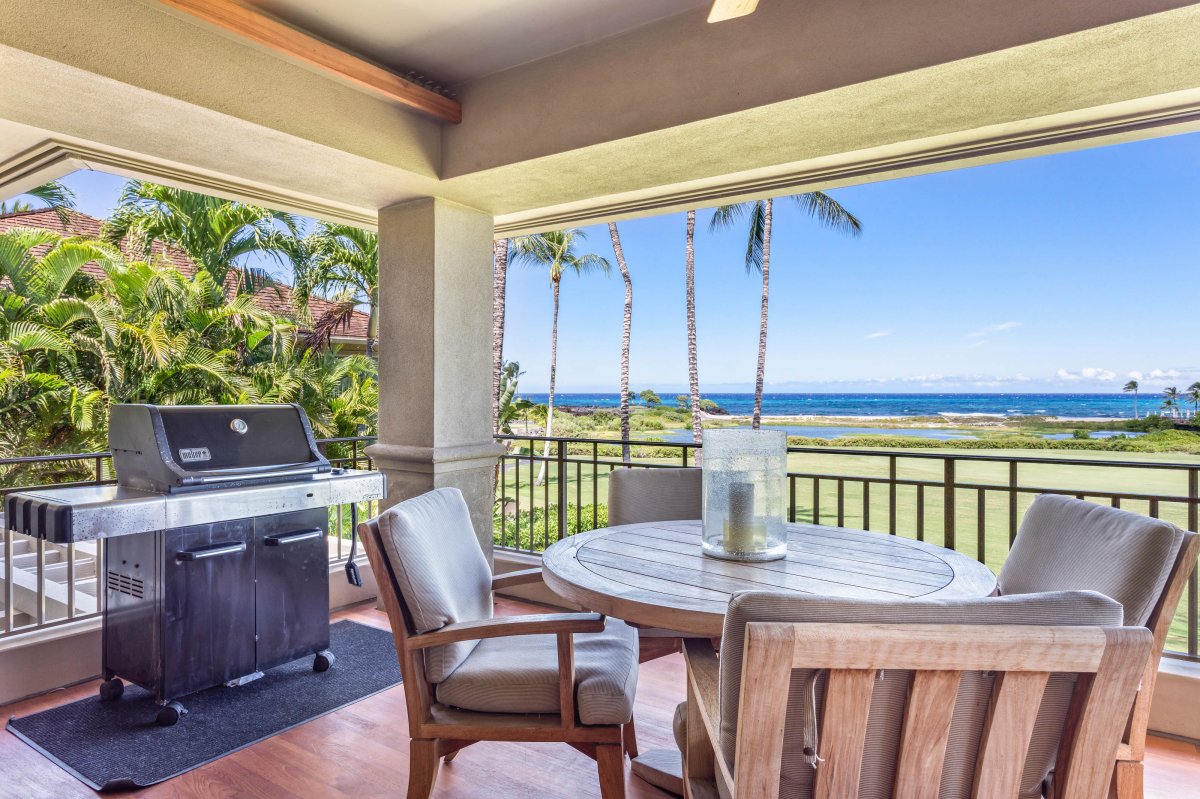 Enjoy the flavors of Hawaii while grilling on Hualalai Resort Ocean Front Golf Villa 4202's private terrace