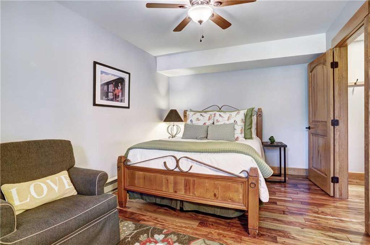 Lower level queen bedroom with Jack and Jill bathroom shared with bunk room.