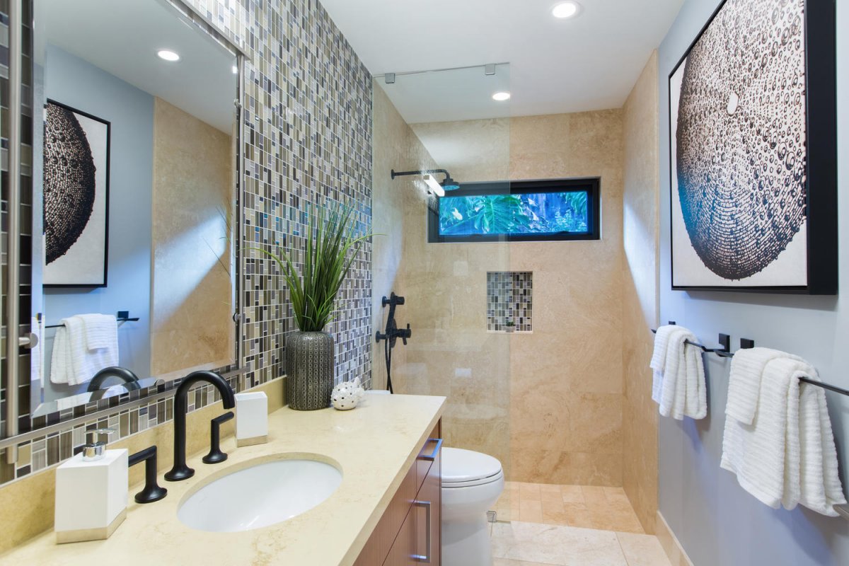 Guest bathroom with vanity, walk-in shower and beautiful tiling