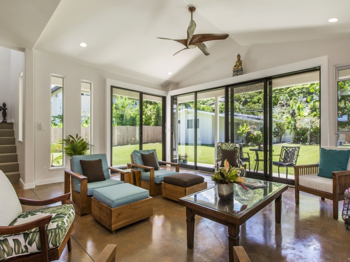 Spacious and elegant living room at Hale Nani Lanikai blending indoor comfort with outdoor beauty