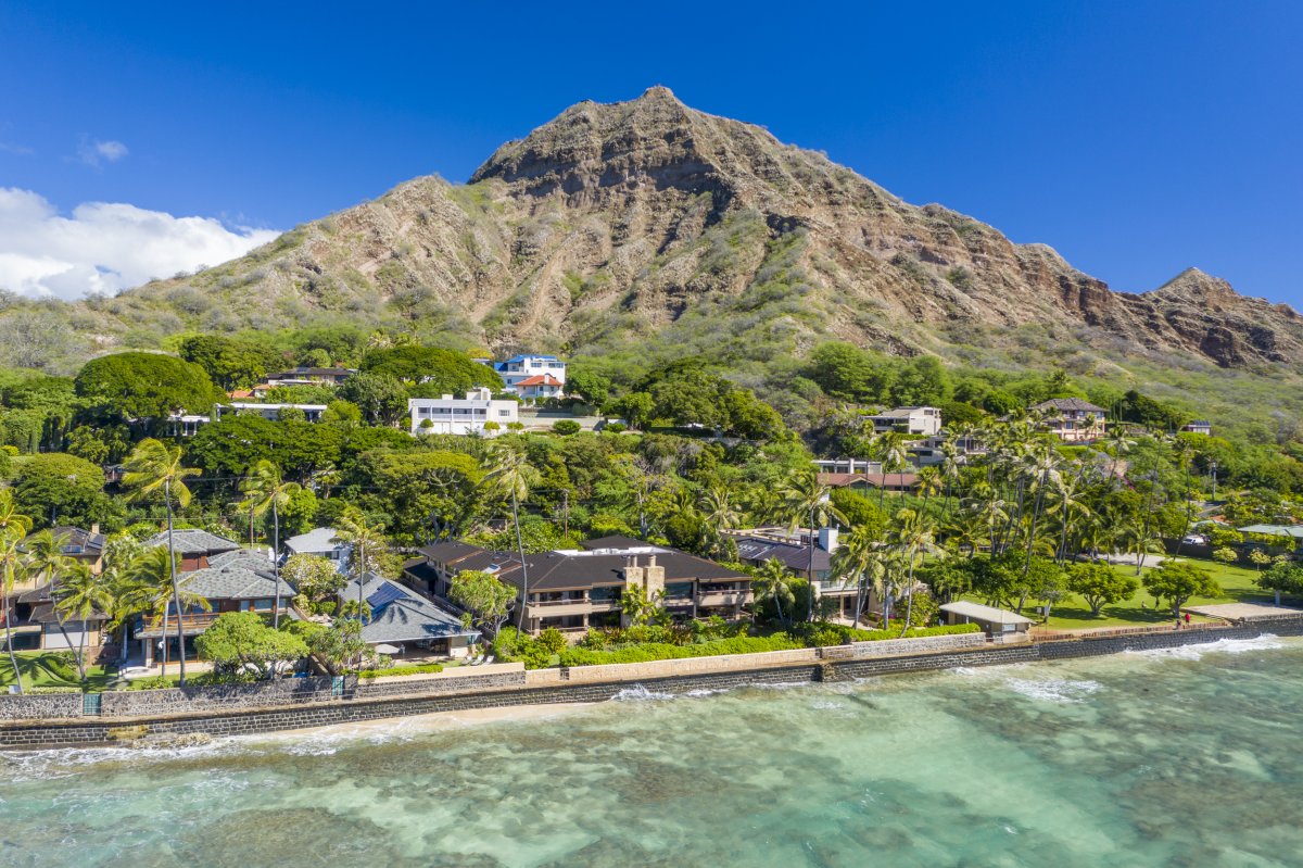 Aerial Oceanside View of Hale Makai vacation rental home and Diamond Head on Oahu