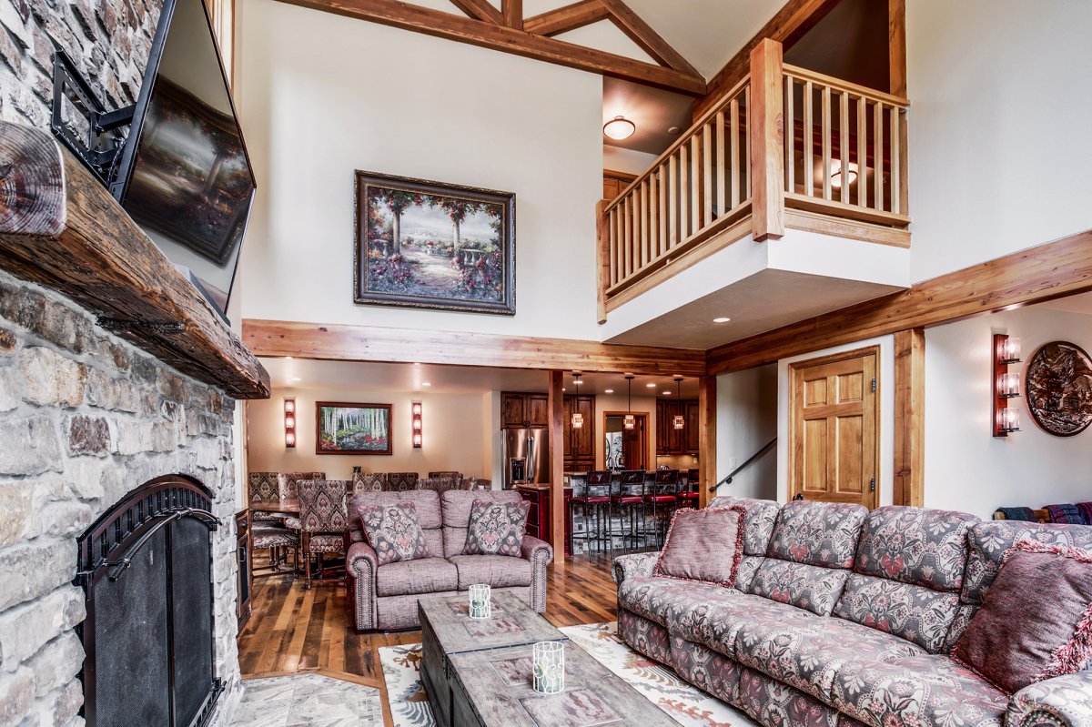 Living area overlooking dining & kitchen areas