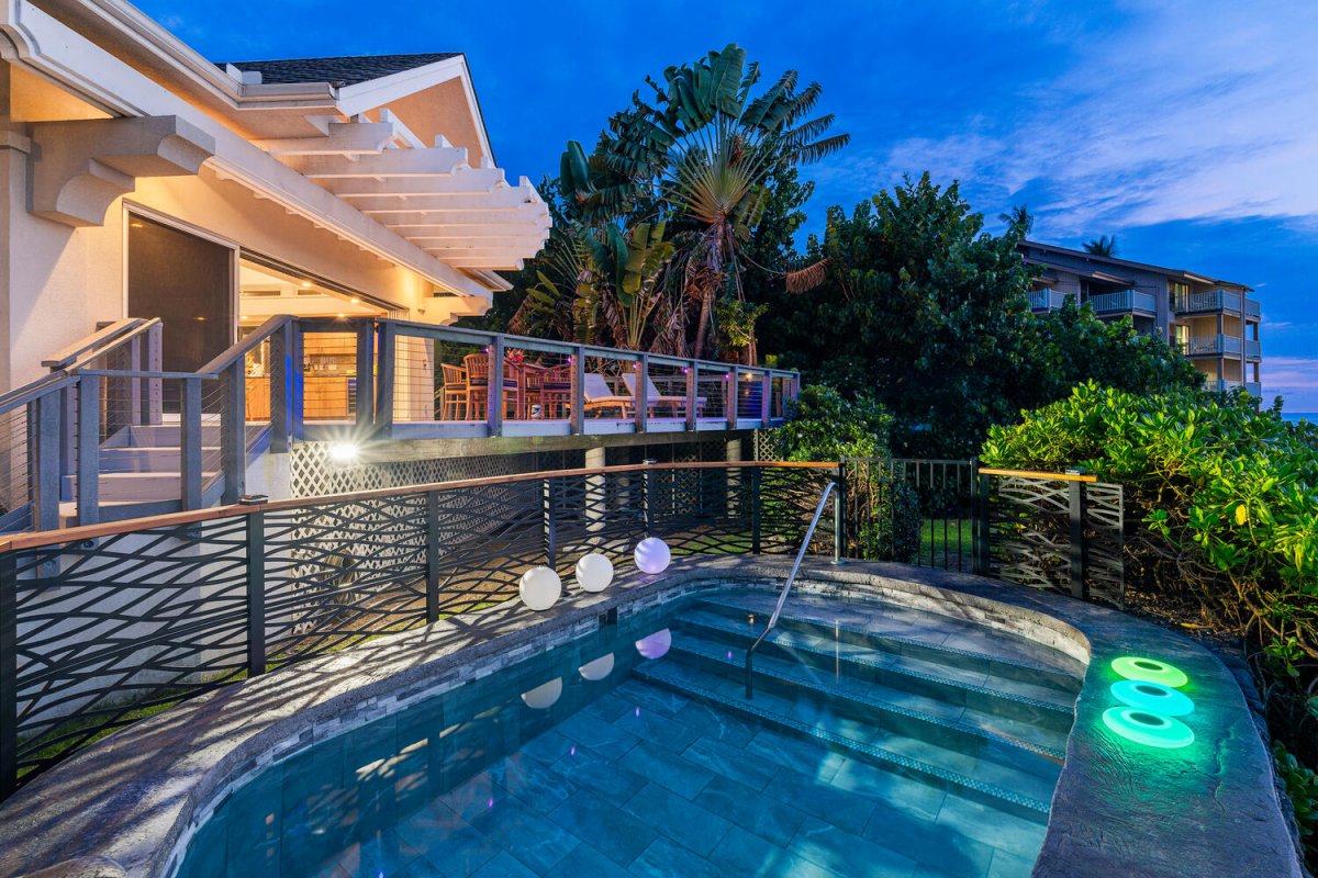 Private pool lit for evening swims—perfect after a beach day or dinner on the lanai.
