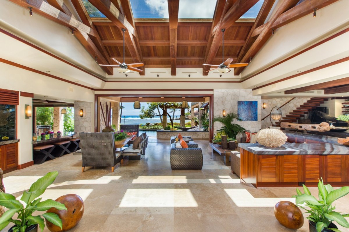 Living room area with pool and ocean view