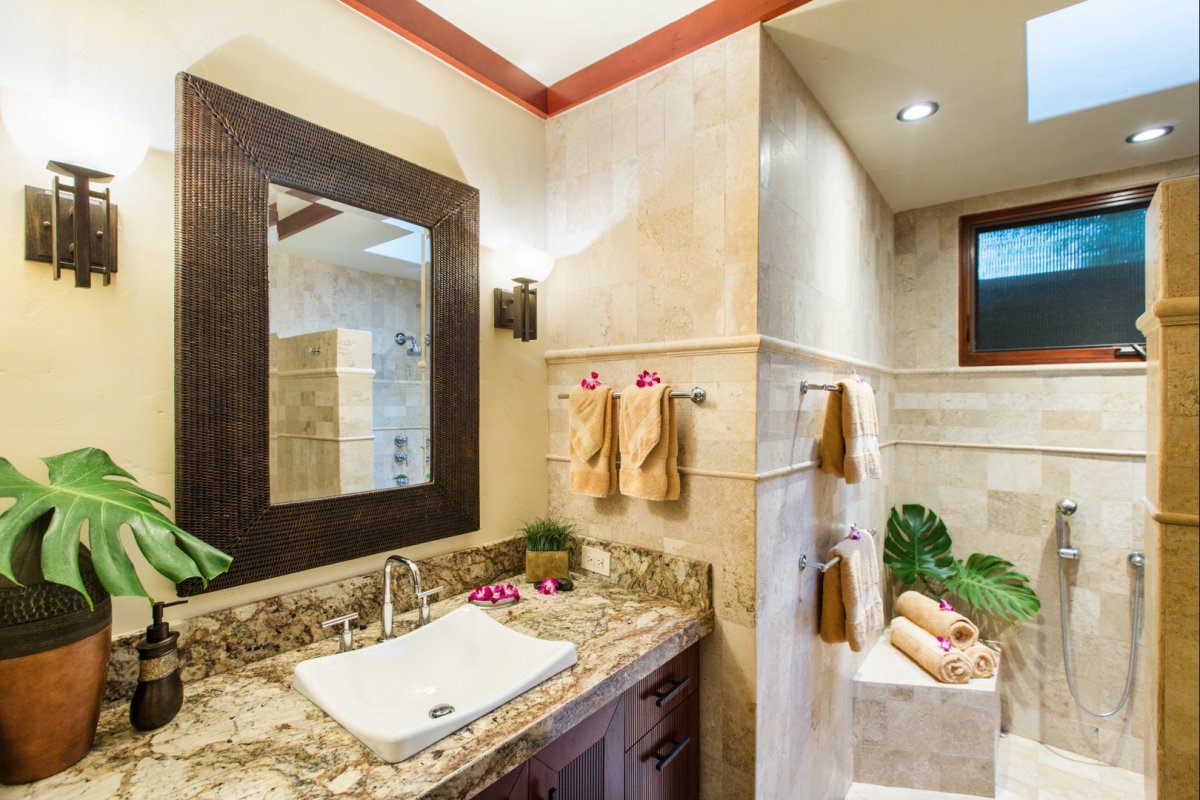 Bathroom with vanity and beautiful tiling