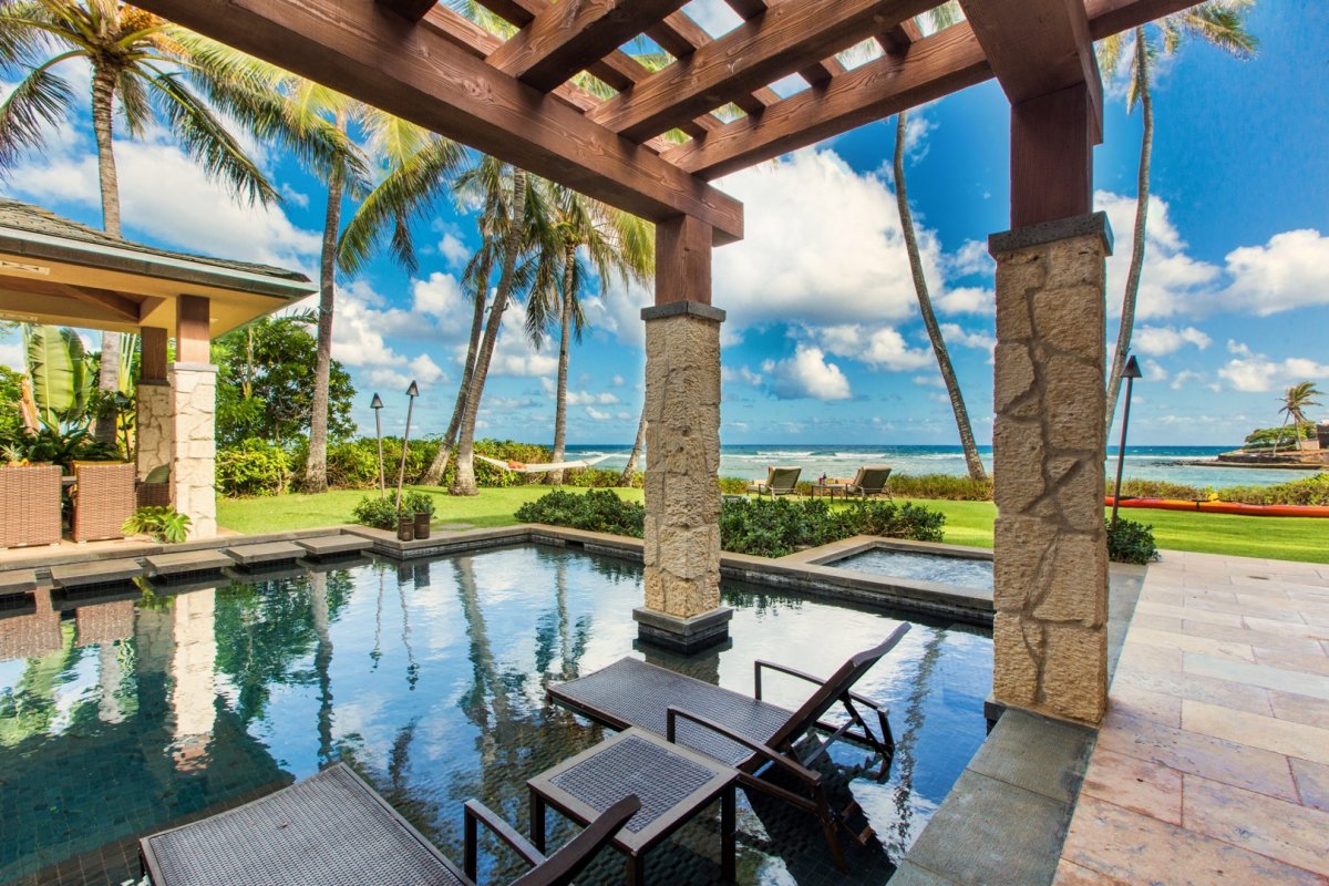 A sparkling modern-style pool and a well-maintained yard surrounded by native plants