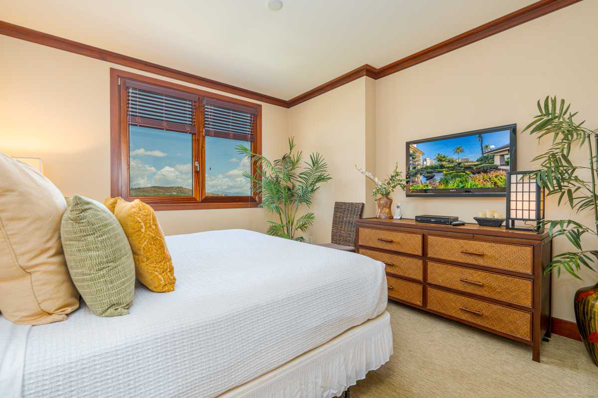 The primary guest bedroom with a TV and dresser.