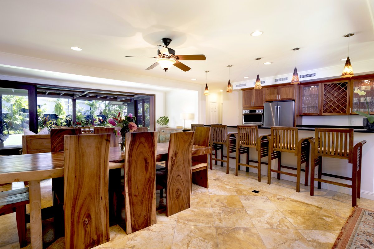 Rustic charm of the dining area with dining table for eight