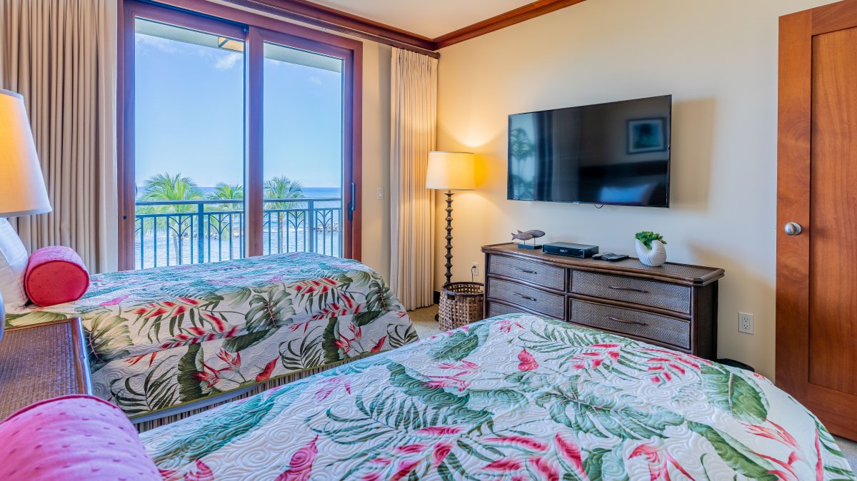 The second guest bedroom with TV and a view.