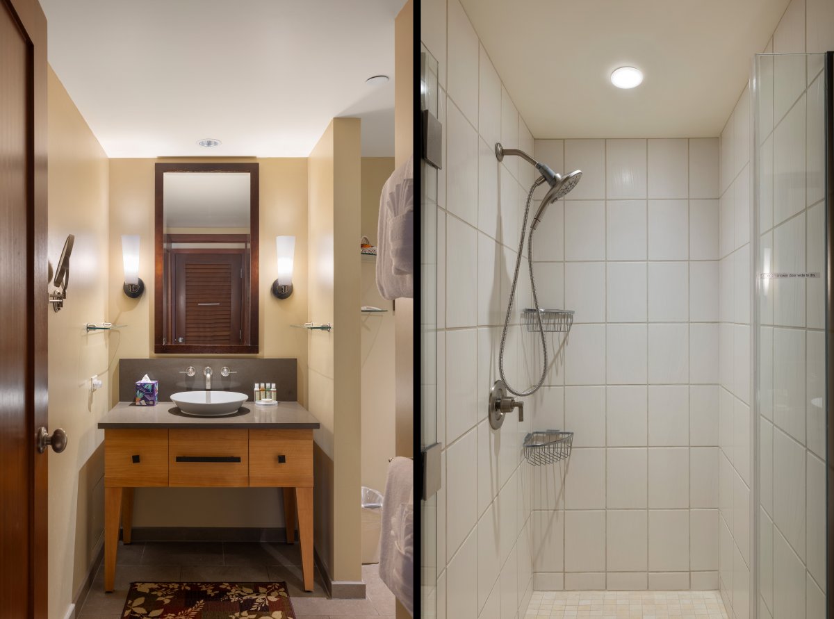 The second guest bath with a walk-in shower and a single vanity.