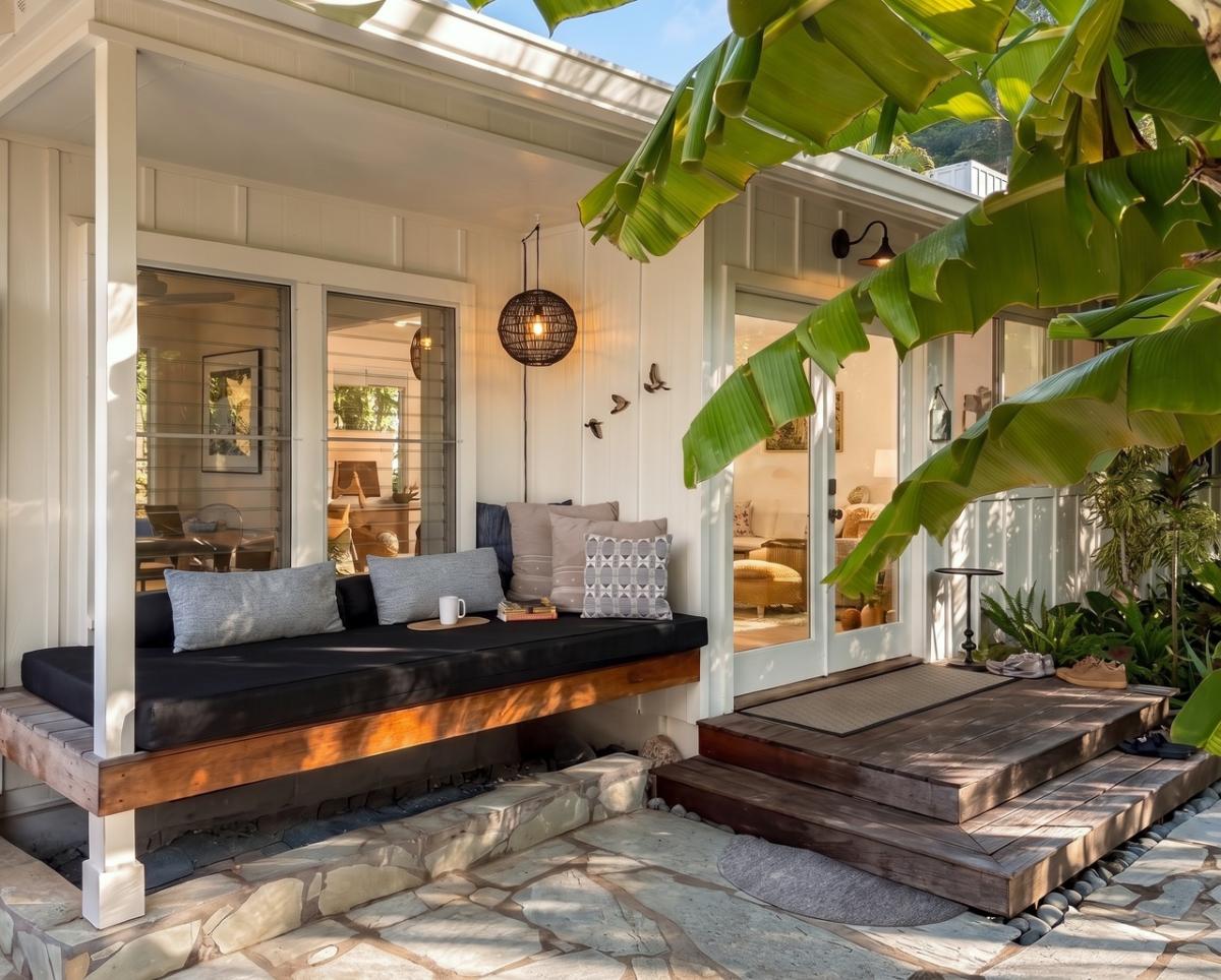 A cushioned daybed tucked under the eaves, where the banana leaves rustle overhead and the afternoon nap becomes a ritual.