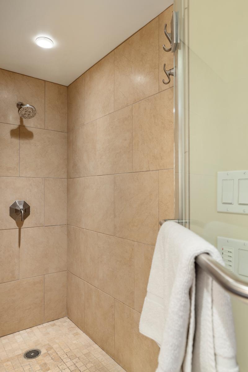 The walk-in shower with a glass enclosure.