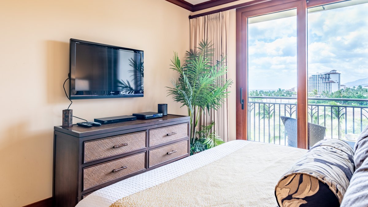 The suite features a TV and ceiling fan, ensuring a cool and relaxing retreat in your tropical getaway.