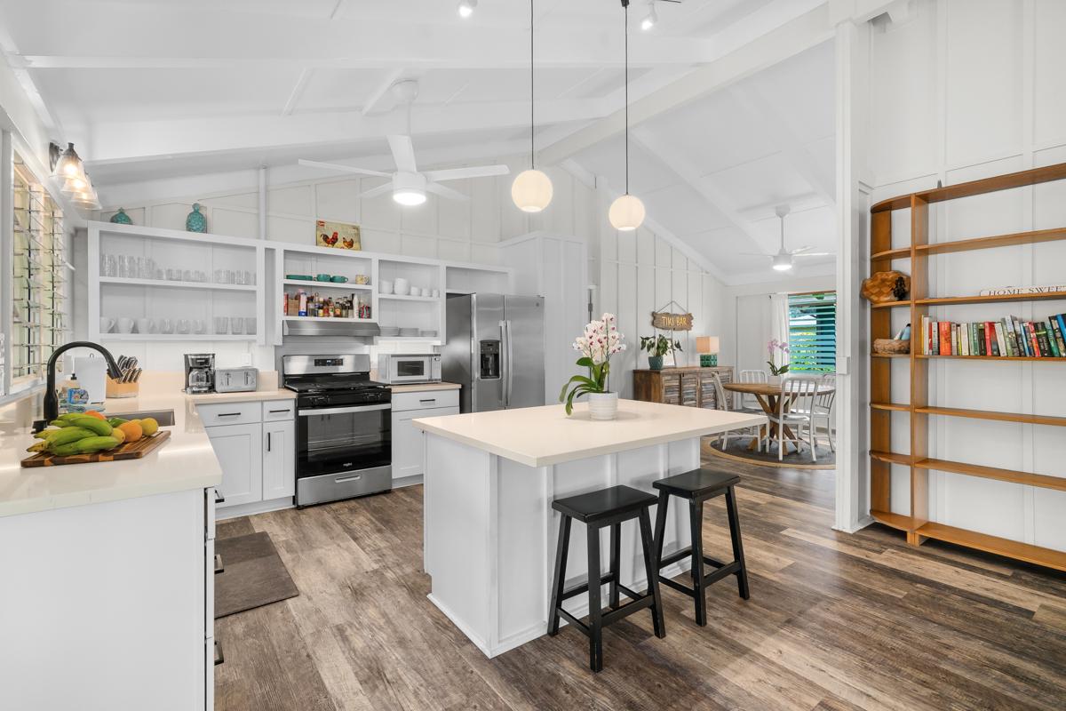 Open shelving and a proper range turn cooking into part of the day, not a chore.