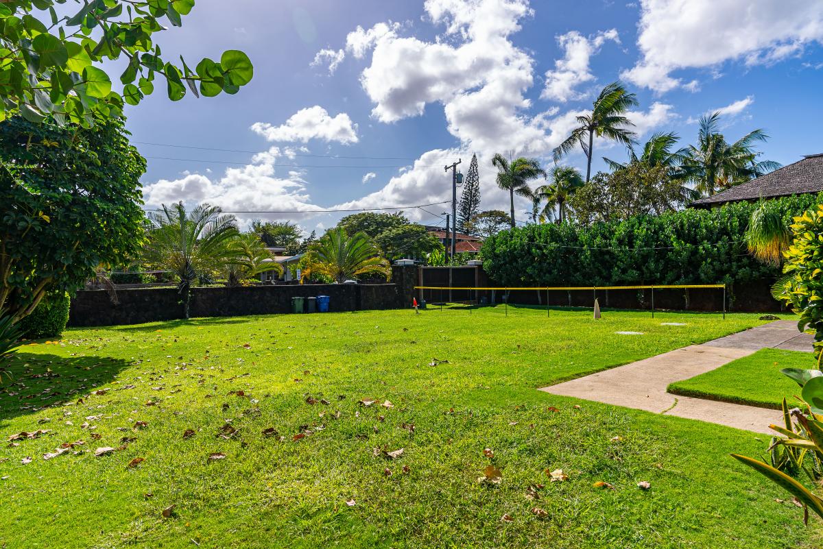 Spacious backyard with tropical greenery and open space.
