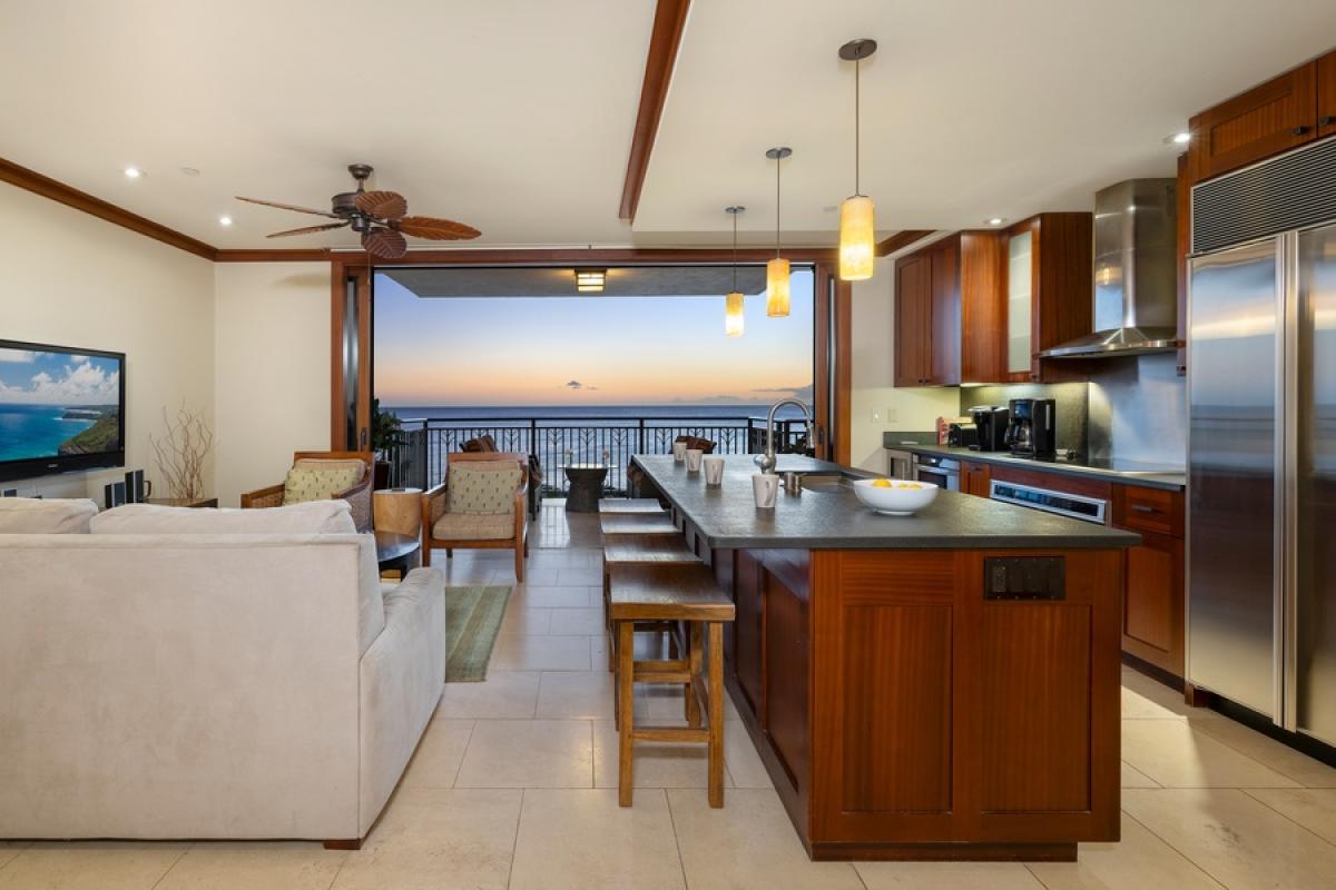Enjoy ocean breezes on the breakfast bar seating at Ko Olina Beach Villas B610.