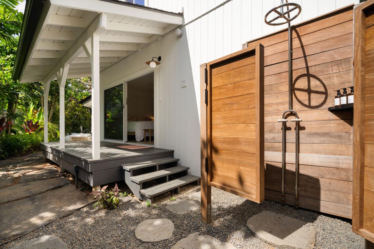 Outdoor shower with hot and cold