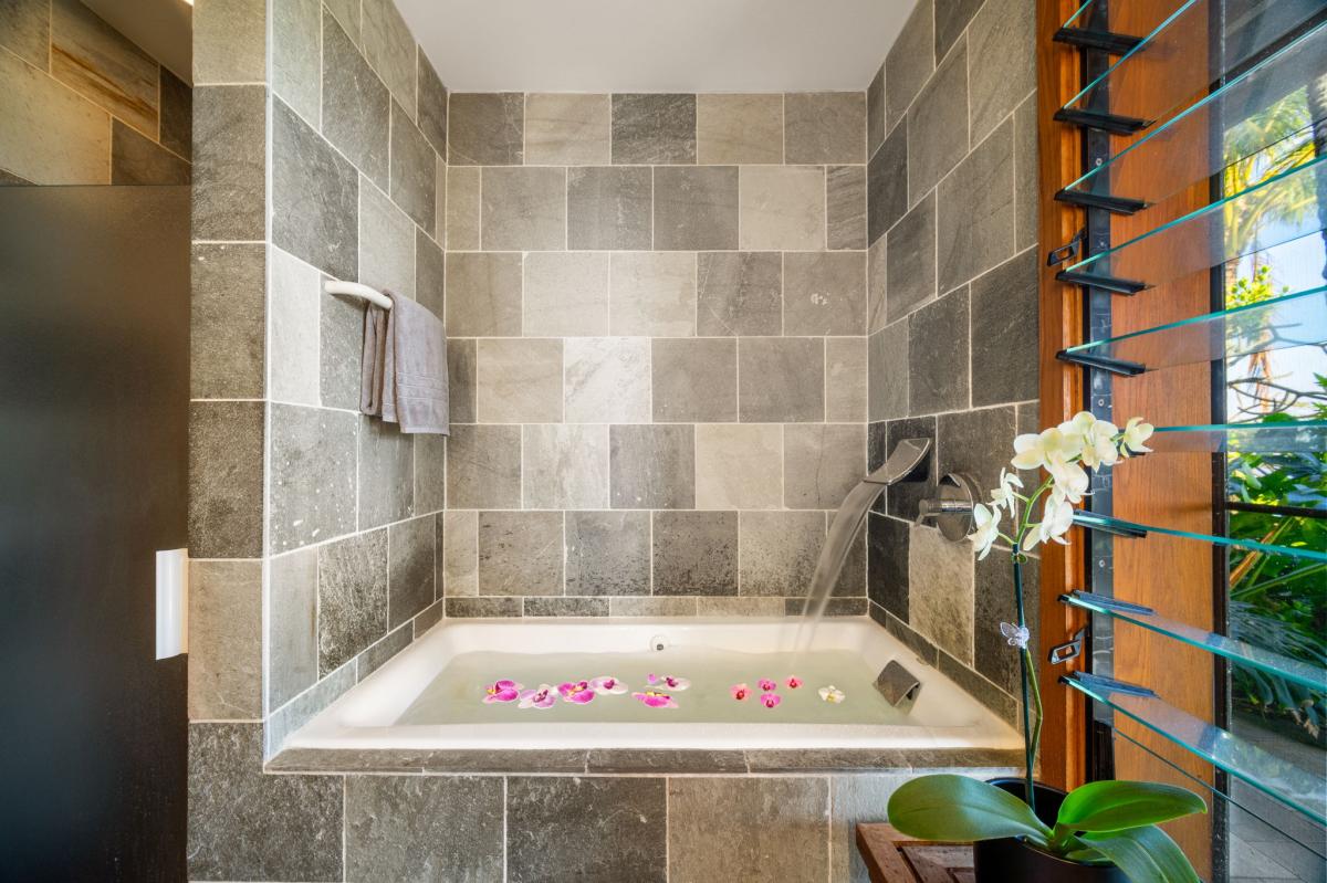 Full tub and shower in the guest bathroom